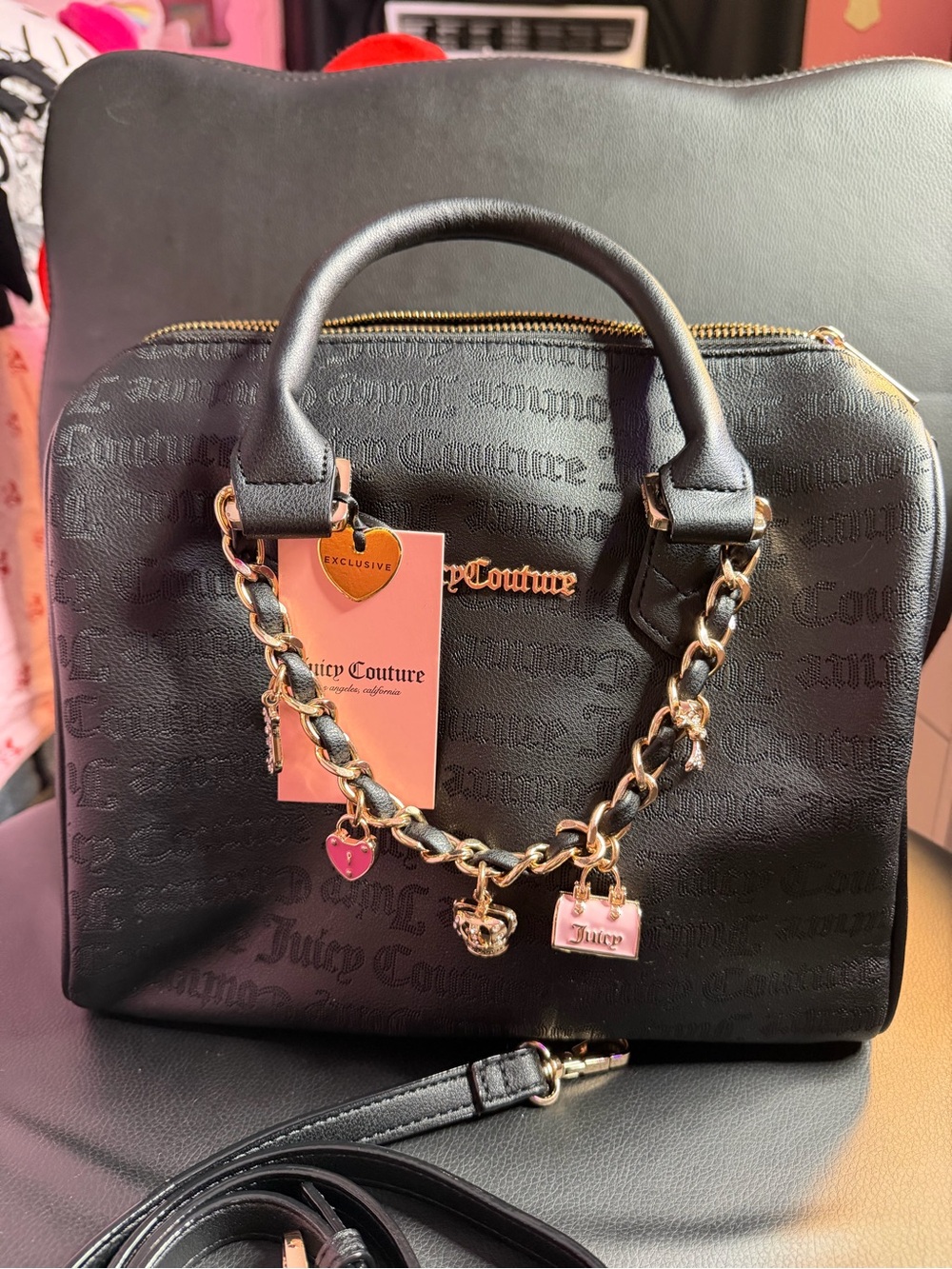Juicy Couture Black Embossed Logo Satchel with Gold Charm Chain
